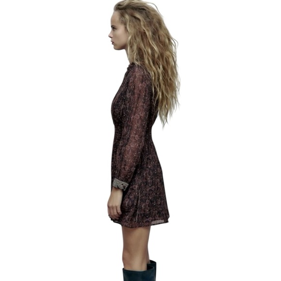 ZARA Floral Metallic Stripe Mini V Neck Dress Size L Boho Flowy Party Cuff - Picture 3 of 12